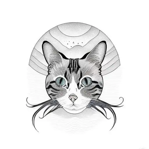 Black and white cat waves rising sun tattoo design idea
