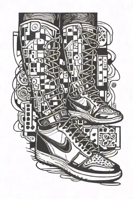miami style dominoes tables, 305 numbers on top of knee and   Jordan 1s hanging on with shoe strings on leg sleeve  tattoo design idea