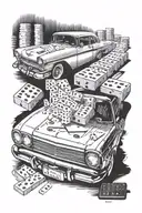 305 number title, Cuban car on highway with dominoes table on the side and add small Jordan 1s for leg sleeve  tattoo design idea