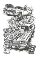 305 number title, Cuban car on highway with dominoes table on the side and add small Jordan 1s for leg sleeve  tattoo design idea