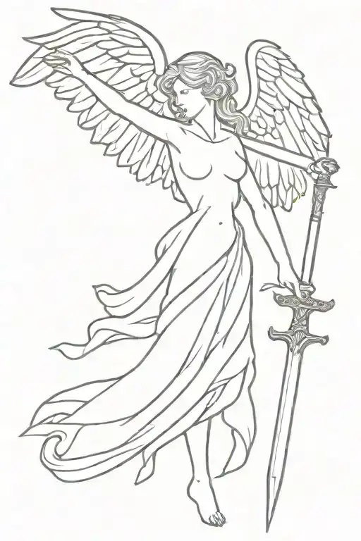 Angel with wings and sword tattoo design idea