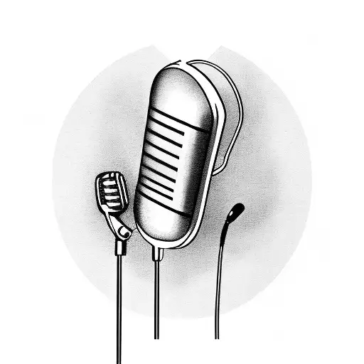 Old school microphone and guitarhead surrounded bij musicnotes and soundwaves  tattoo design idea