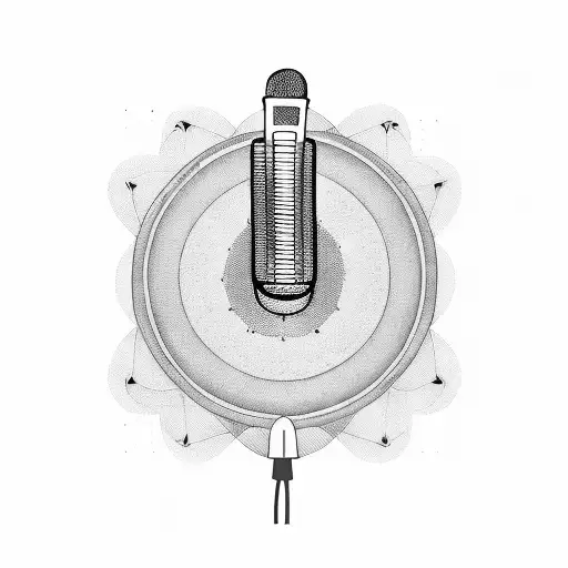 Old school microphone and guitarhead surrounded bij musicnotes and soundwaves  tattoo design idea