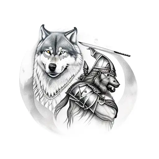 A realistic portrait of a viking warrior playing a drum with a wolf howling at the moon in the background for arm tattoo design idea