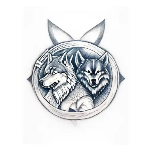 A realistic portrait of a viking warrior playing a drum with a wolf howling at the moon in the background tattoo design idea