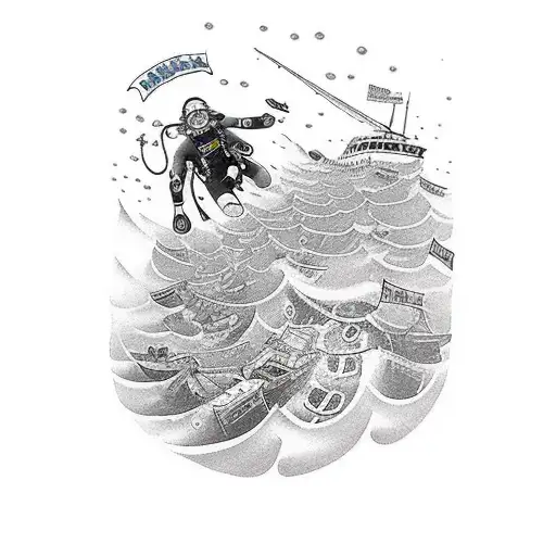 A scuba diver exploring a shipwreck, capturing the client's passion for scuba diving and adventure tattoo design idea