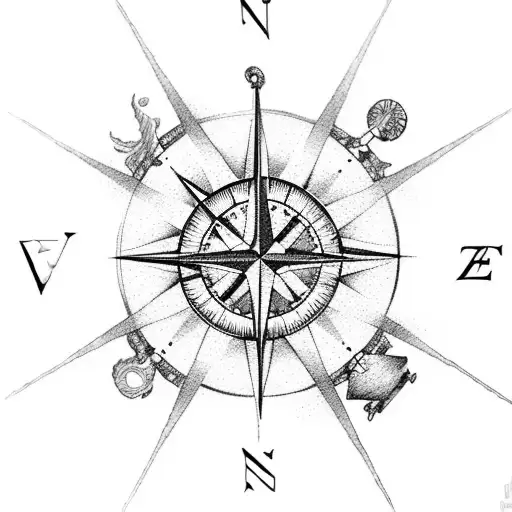 A compass rose with waves and a scuba diver tattoo design idea