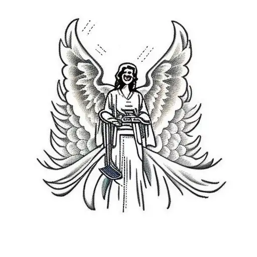 Traditional tattoo of a nurse with angel wings, holding a microphone with the words 'Chosen One' underneath tattoo design idea