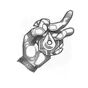 A hand reaching out to grab a camera, surrounded by the words 'chosen one' in a stylish font tattoo design idea