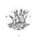 A hand reaching out to grab a camera, surrounded by the words 'chosen one' in a stylish font tattoo design idea