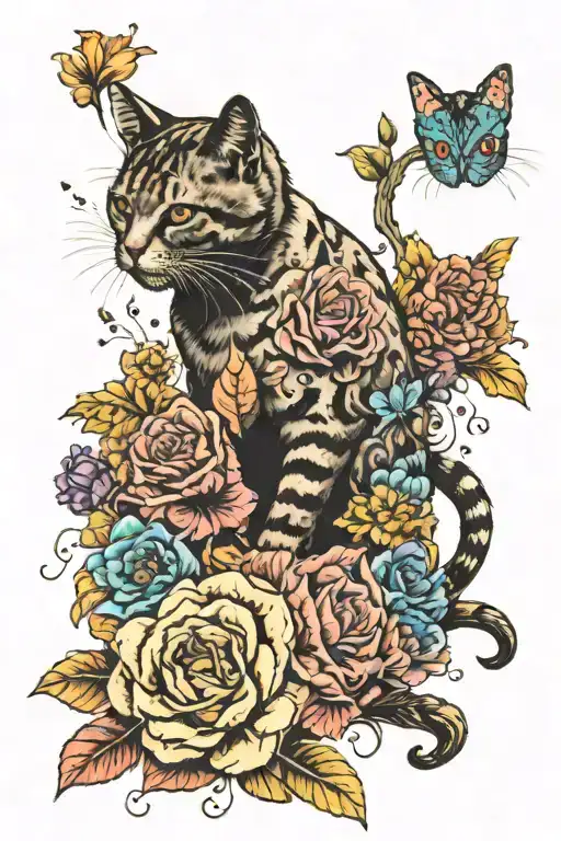 cat paws with flowers tattoo design idea