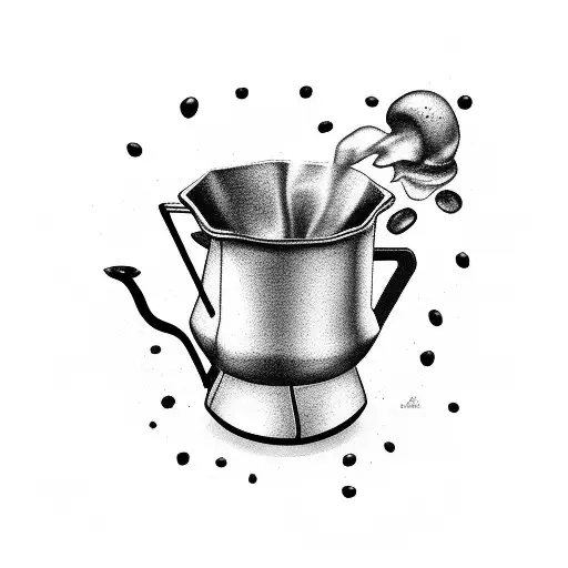 bialetti moka pot with some coffee beans and steam around tattoo design idea