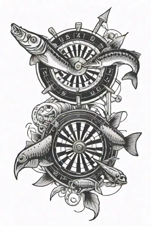 Fishing, ice hockey, roulette wheel tattoo design idea