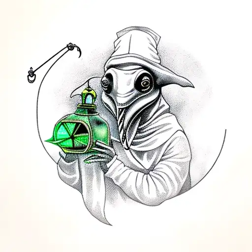 plague doctor holding a lantern that's actually an aquarium with fish tattoo design idea