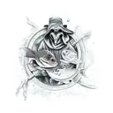 plague doctor holding a aquarium with a fish tattoo design idea