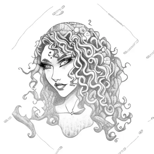Curly-haired witch casting a spell under a full moon tattoo design idea