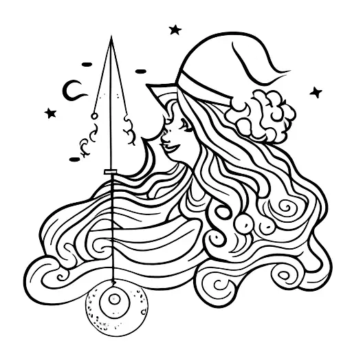 Curly-haired witch casting a spell under a full moon tattoo design idea