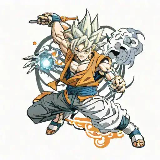 Anime characters Ichigo Kurosaki in hollow form, Goku Ultra instinct, Naruto Uzumaki mixed together tattoo design idea