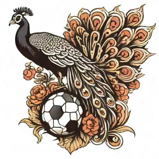 a black and white peacock with a football tattoo design idea