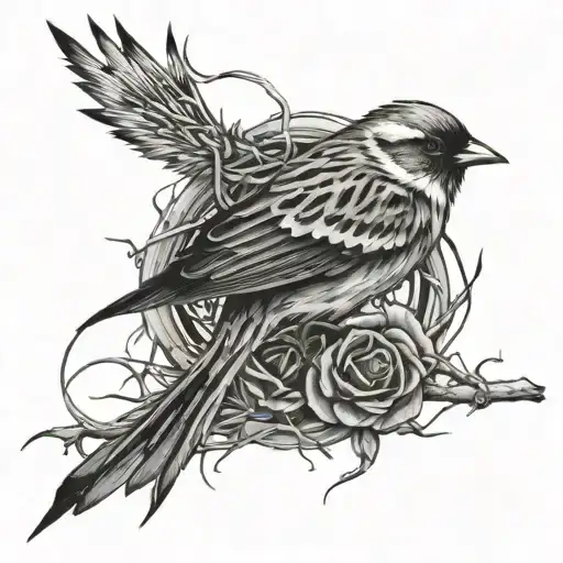 dead sparrow tattoo getting tangled in thorns hanging tattoo design idea
