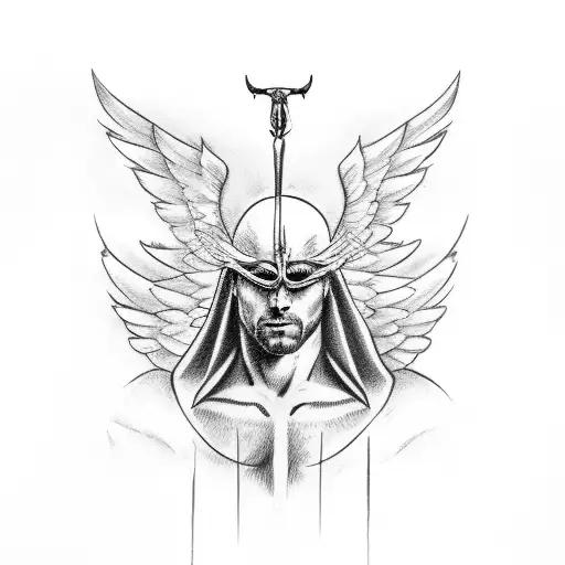 Sketch of an angel tattoo of a man with raised wings tattoo design idea