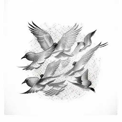 A sketch-style tattoo of a flock of birds flying in a V formation, symbolizing the desire for freedom and the love for nature tattoo design idea