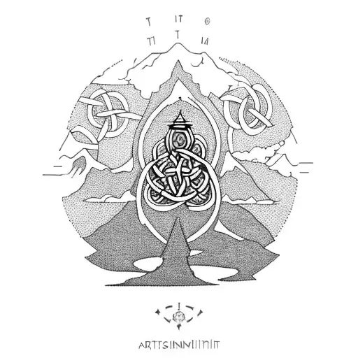 A hiker reaching the summit of a mountain, with a Celtic tree of life in the foreground tattoo design idea