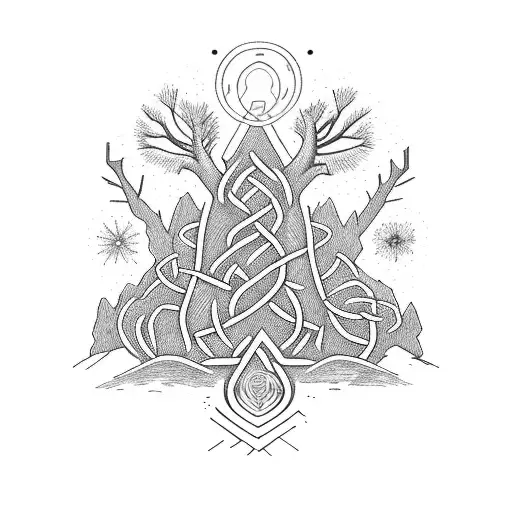 A hiker reaching the summit of a mountain, with a Celtic tree of life in the foreground tattoo design idea