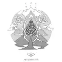 A hiker reaching the summit of a mountain, with a Celtic tree of life in the foreground tattoo design idea