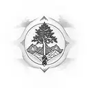 A hiker reaching the summit of a mountain, with a Celtic tree of life in the foreground tattoo design idea