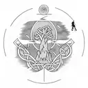 A hiker reaching the summit of a mountain, with a Celtic tree of life in the foreground tattoo design idea