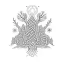 A hiker reaching the summit of a mountain, with a Celtic tree of life in the foreground tattoo design idea
