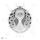A hiker reaching the summit of a mountain, with a Celtic tree of life in the foreground tattoo design idea