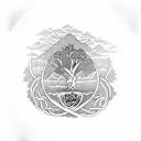 A hiker reaching the summit of a mountain, with a Celtic tree of life in the foreground tattoo design idea