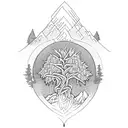 A hiker reaching the summit of a mountain, with a Celtic tree of life in the foreground tattoo design idea
