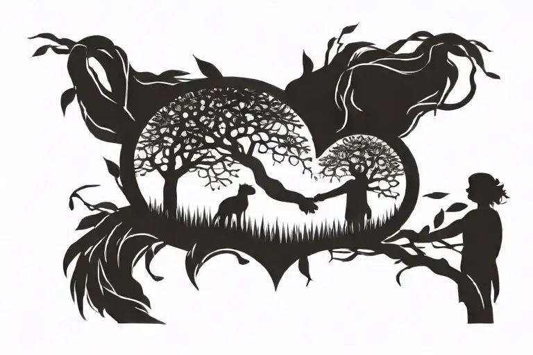 A silhouette of a mother and child holding hands, with a willow branch intertwined between them tattoo design idea