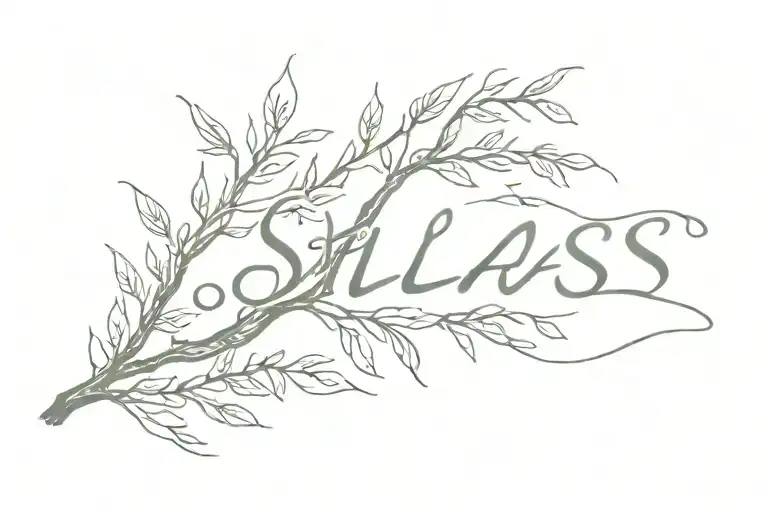 A minimalist sketch of a willow branch wrapping around the word 'Silas' in a delicate script font tattoo design idea