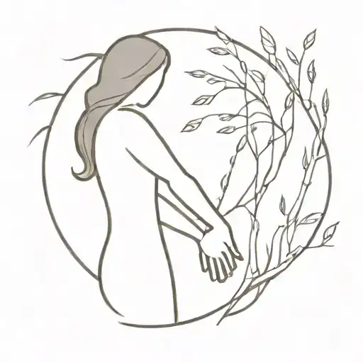 A silhouette of a mother and child holding hands, with a willow branch intertwined between them tattoo design idea