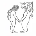 A silhouette of a mother and child holding hands, with a willow branch intertwined between them tattoo design idea