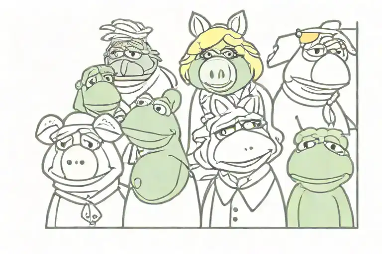 gonzo, kermit, fozzie, miss piggy, pepe, rizzo, animal's heads tattoo design idea