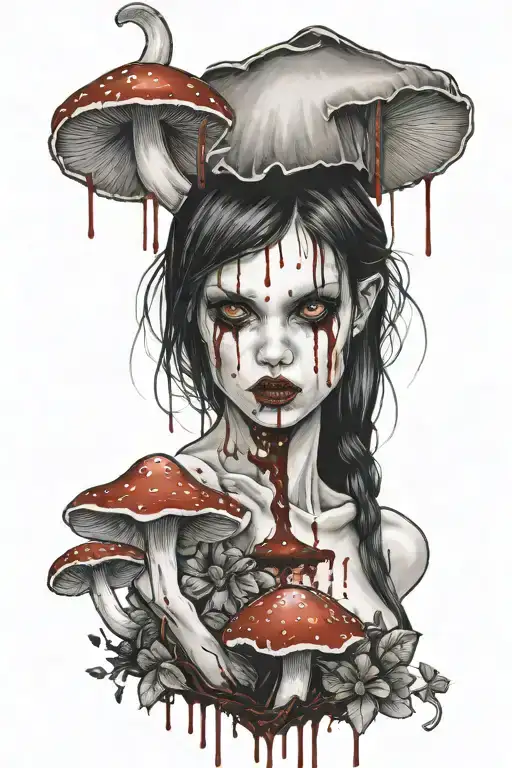 vampire girl with mushrooms and blood dripping tattoo design idea