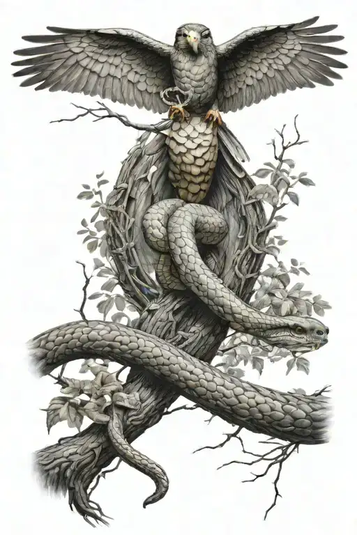 A snake starting to climb by coiling around a tree, and a hawk with its wings spread on a tree branch tattoo design idea