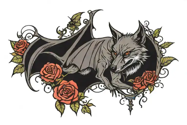 rose bush with a bat, wolf and spider  tattoo design idea
