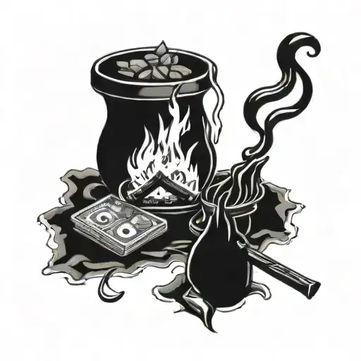 sitting around a campfire burning money  tattoo design idea