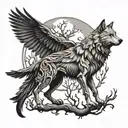 wolf and raven with thorn-branch background and incorporating wyrd tattoo design idea