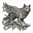 wolf and raven with thorn-branch background and incorporating wyrd tattoo design idea