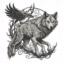 wolf and raven with thorn-branch background and incorporating wyrd tattoo design idea