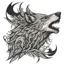wolf and raven with thorn-branch background and incorporating wyrd tattoo design idea
