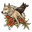 wolf and raven with thorn-branch background and incorporating wyrd tattoo design idea