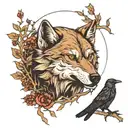 wolf and raven with thorn-branch background and incorporating wyrd tattoo design idea